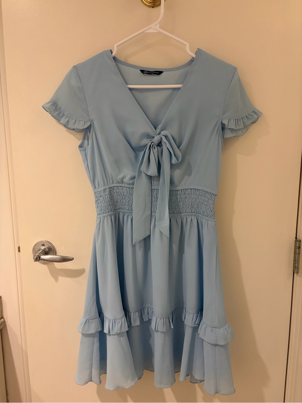 Pastel Blue Tie-Front Midi Dress with Smocked Waist